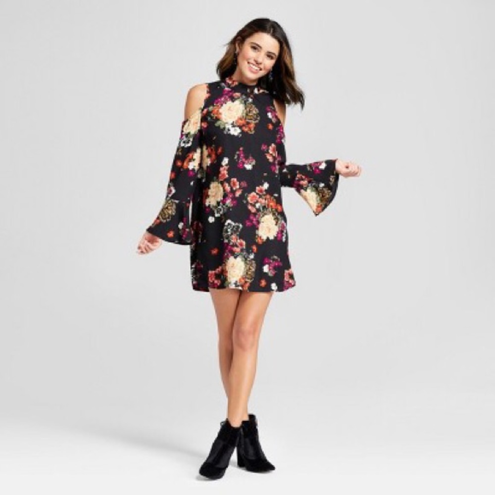 Floral Print Lace Cold Shoulder Long Sleeve Dress